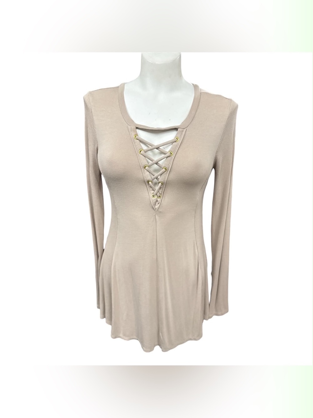 VENUS Beige Lace-Up Scoop Neck Long Sleeve Top Size S
